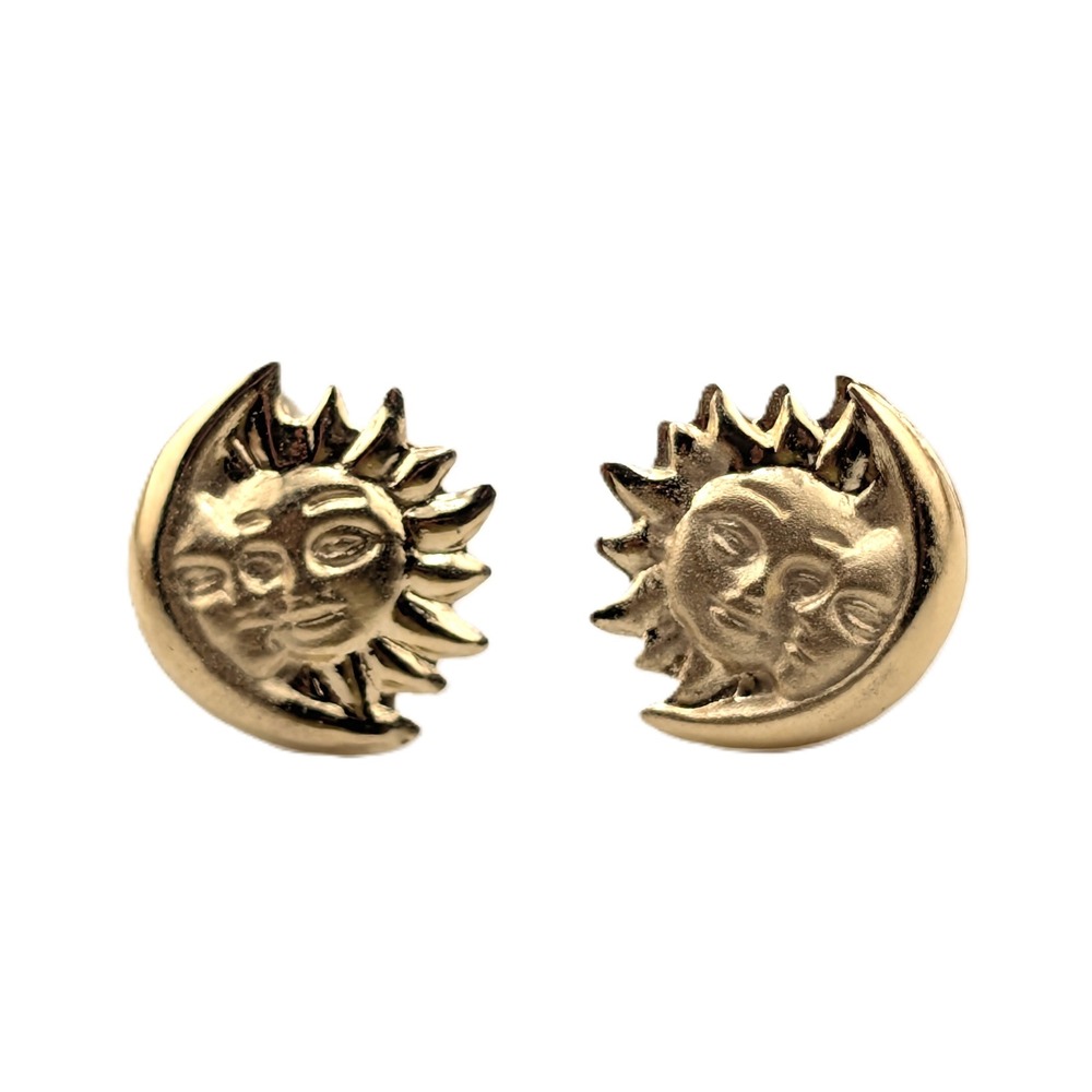 Women's 14K Gold Sun & Moon Smiling Faces Stud Earrings Jewelry **